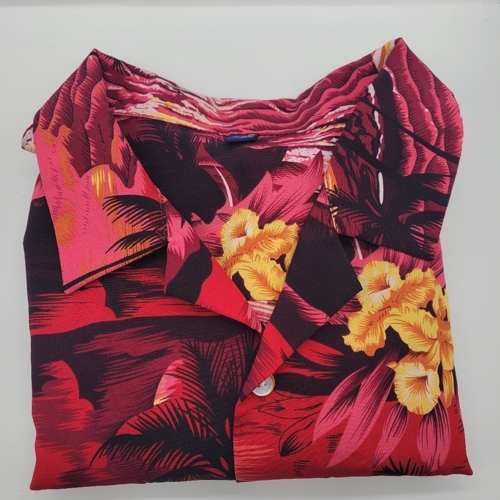 Design in Italy Luxury Men's Hawaiian Shirt Button Up Ocean Palm Sunset Red Med - Picture 9 of 9